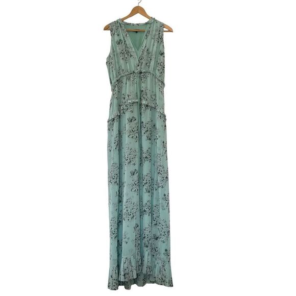 Massimo Dutti Mint Green Floral Ruffle Tiered Neck Sleeveless Maxi Dress - Picture 2 of 11